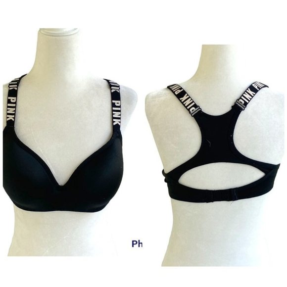 PINK Victoria's Secret Other - VS PINK ULTIMATE Push Up Sports Bra Sz Medium A-C Cup Black w Logos Racerback